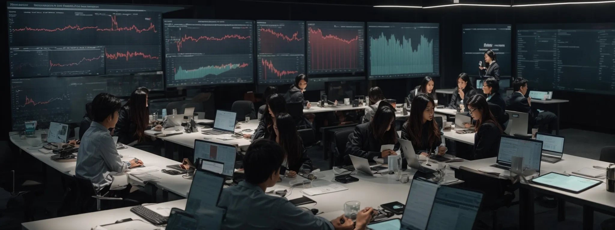 a bustling marketing team surrounds a table analyzing graphs displaying various communication channels on a large digital screen.