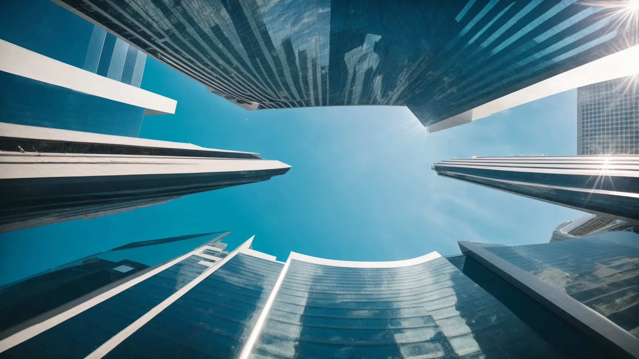 a panoramic view of skyscrapers towering into the blue sky symbolizing the heights of web authority reached through off-page seo strategies.