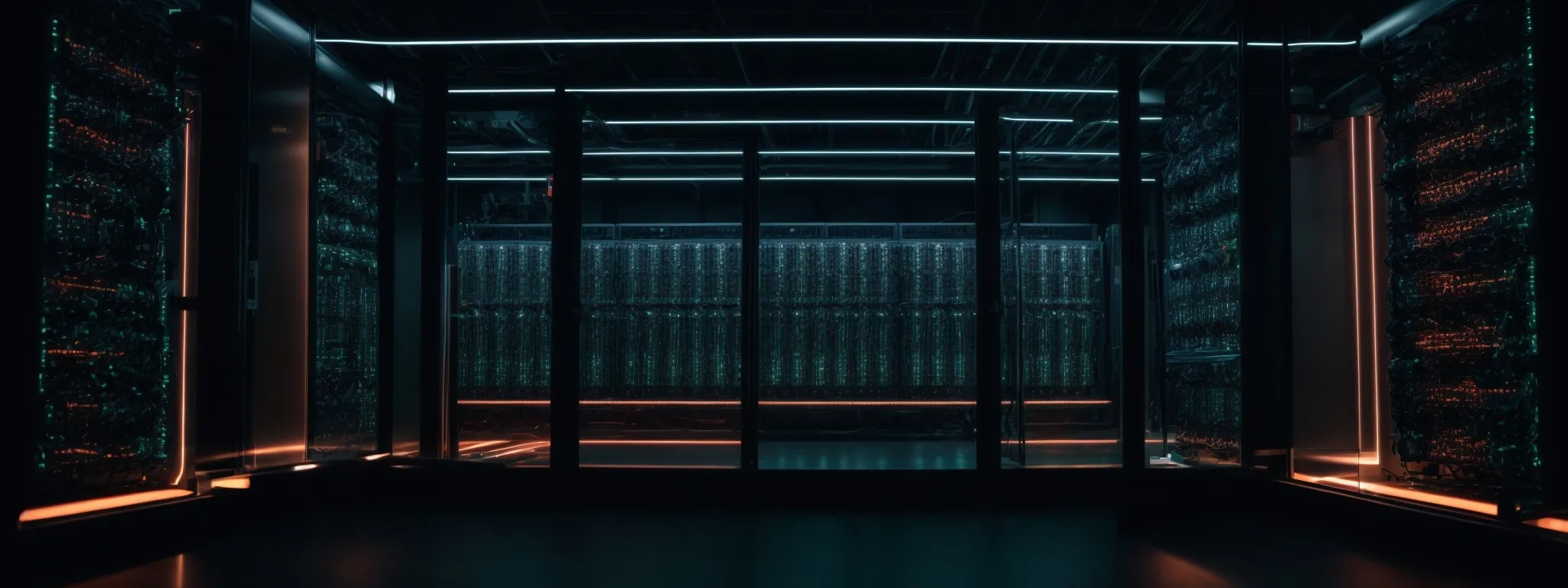 a server rack in a data center with glowing led lights conveying high-speed data and internet connectivity.