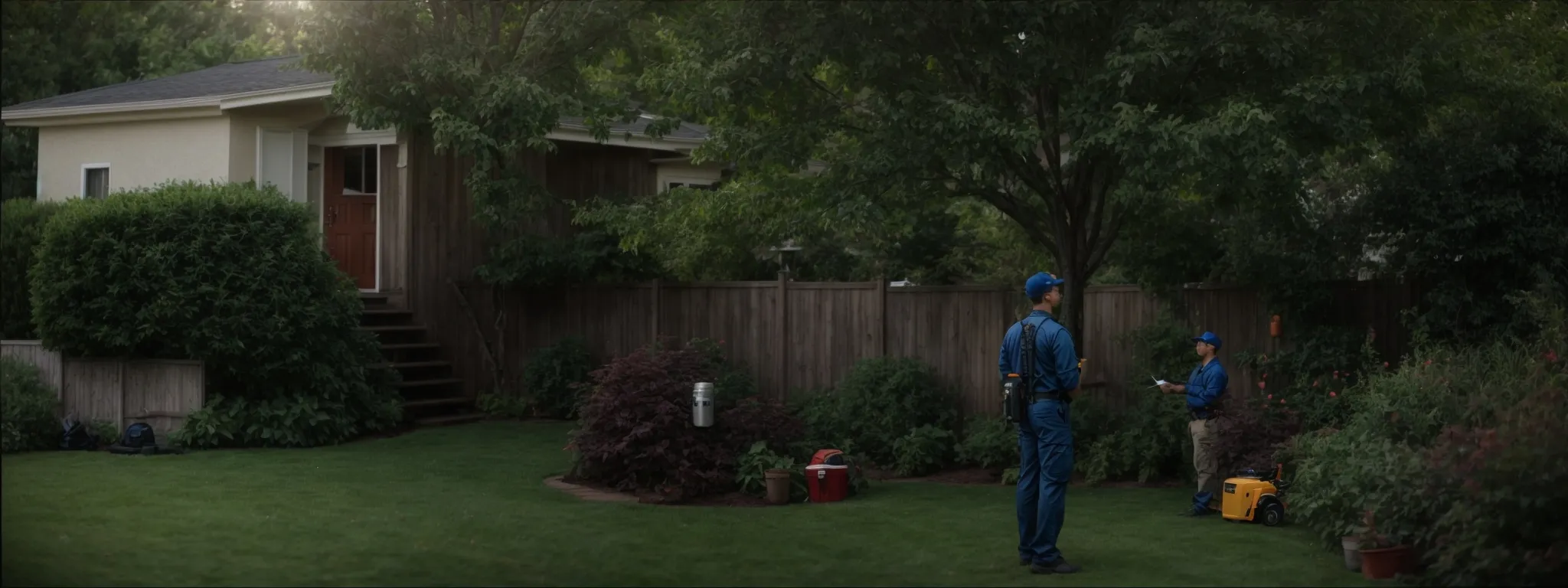 a tree service professional consults with a homeowner in a lush backyard.