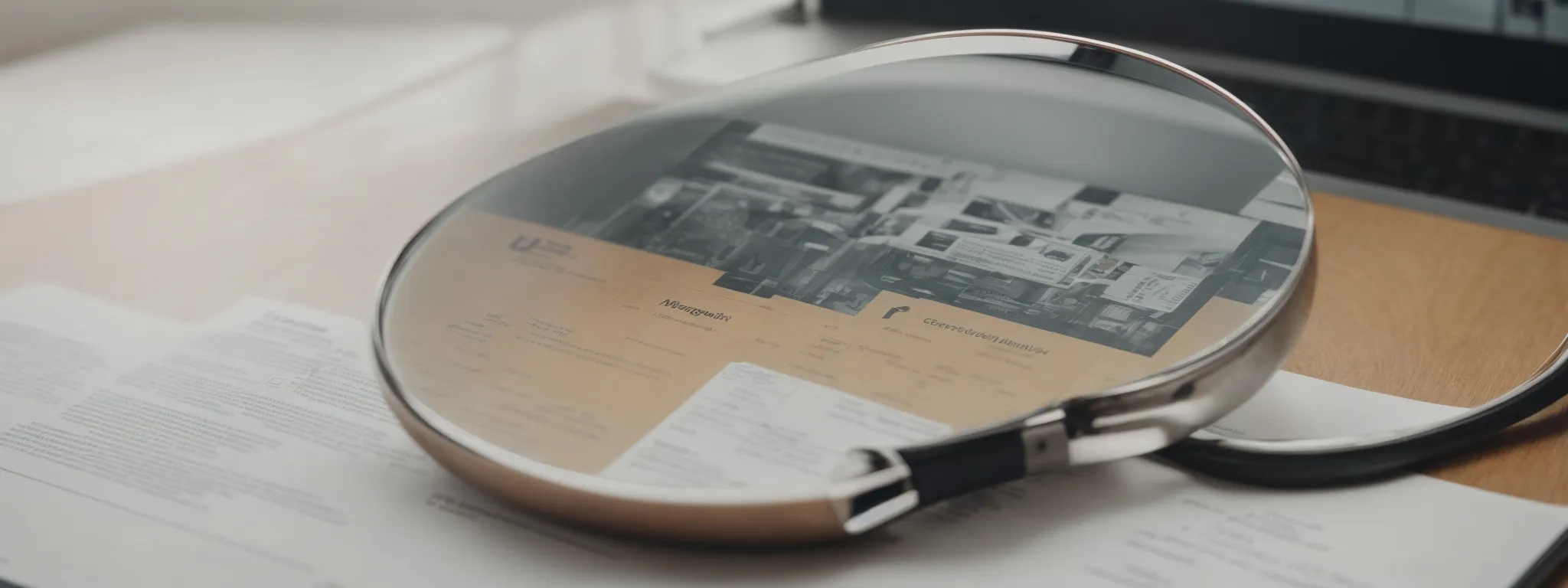 a magnifying glass lies beside a user interface wireframe on a desk, symbolizing the enhancement and analysis of a website's appeal and visibility.