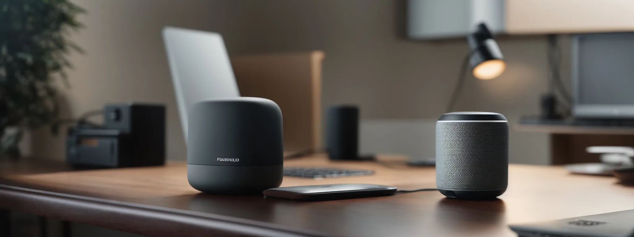 a person speaking into a smart speaker on a modern desk, with a blurred background emphasizing focus on voice-activated technology.