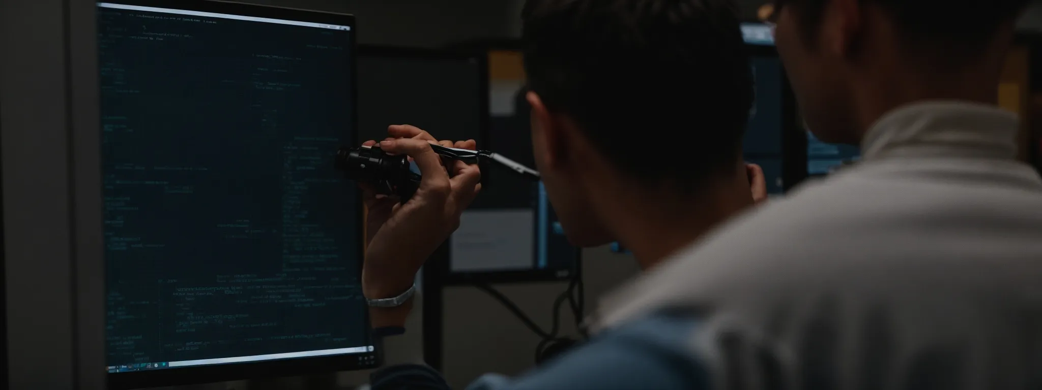 an office worker reviewing code on a computer screen to optimize a website's structured data.