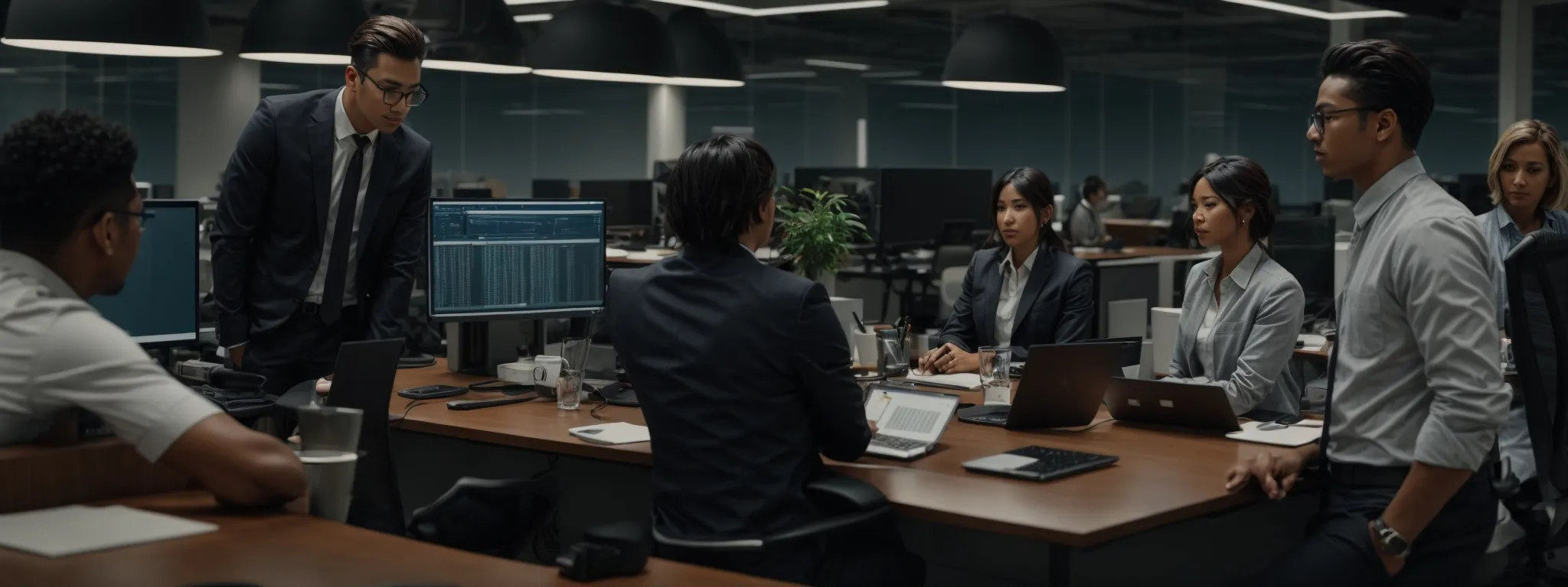 a diverse team of professionals intently discussing strategies over computer screens in a high-tech office environment.