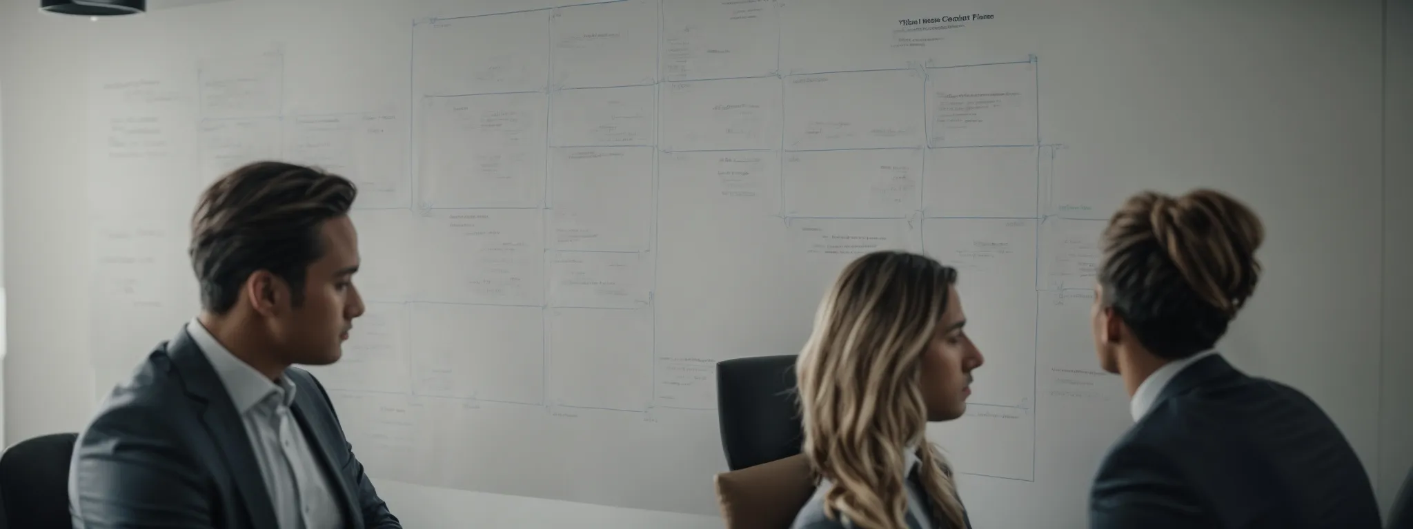 a business team intently focuses on a comprehensive flowchart on a whiteboard, outlining the strategic steps for an seo project.