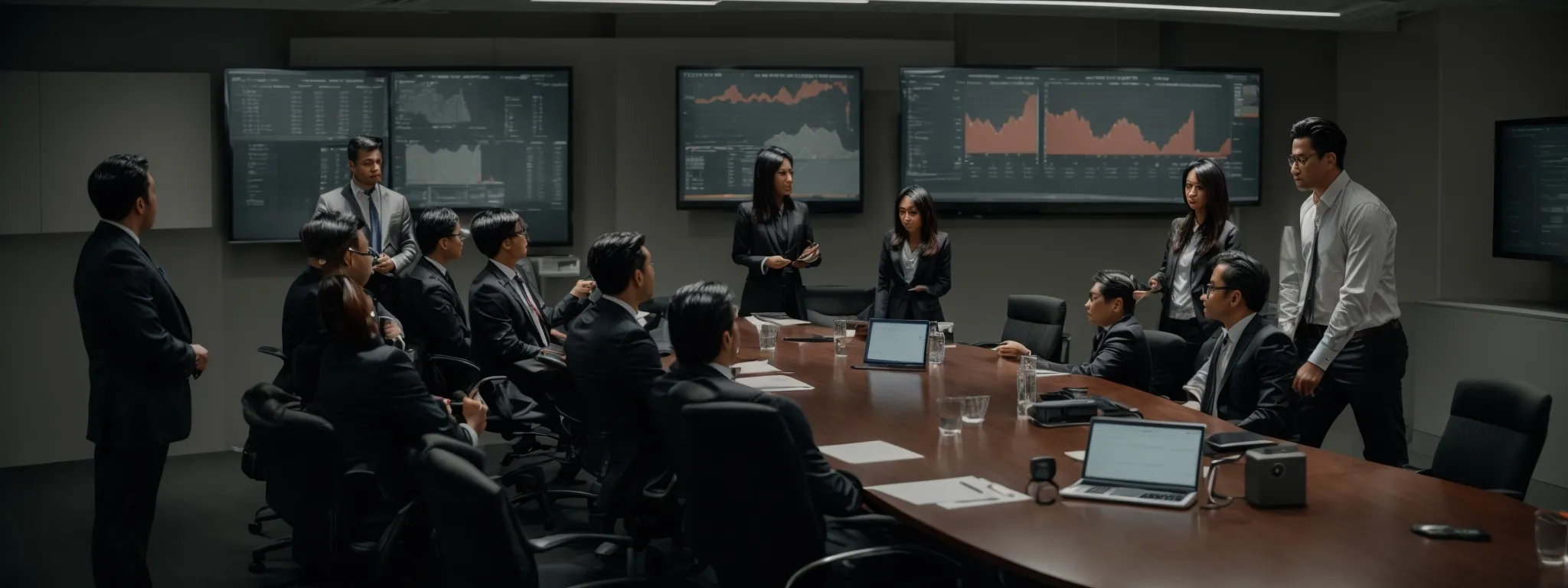 a group of professionals discussing around a conference table, with a visible dashboard displaying website analytics on a monitor.