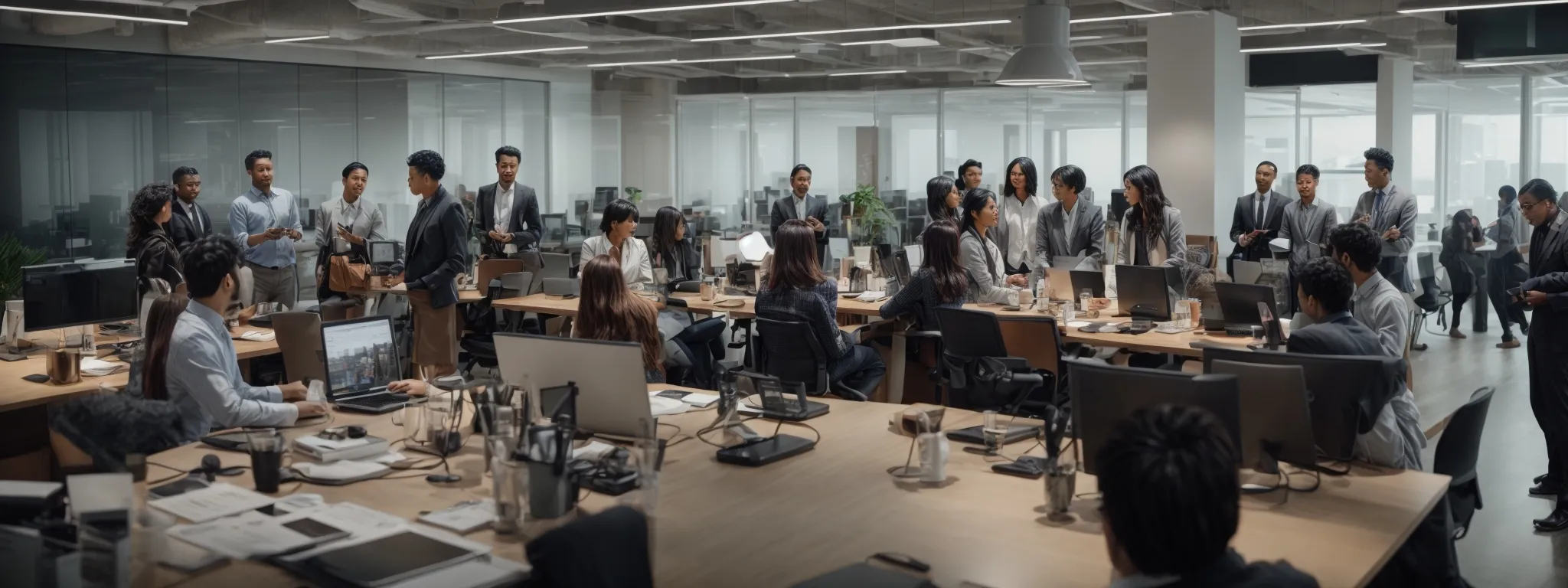 a diverse group of individuals clustered around a modern, open-plan office, intensely discussing strategies over a central table laden with digital devices.