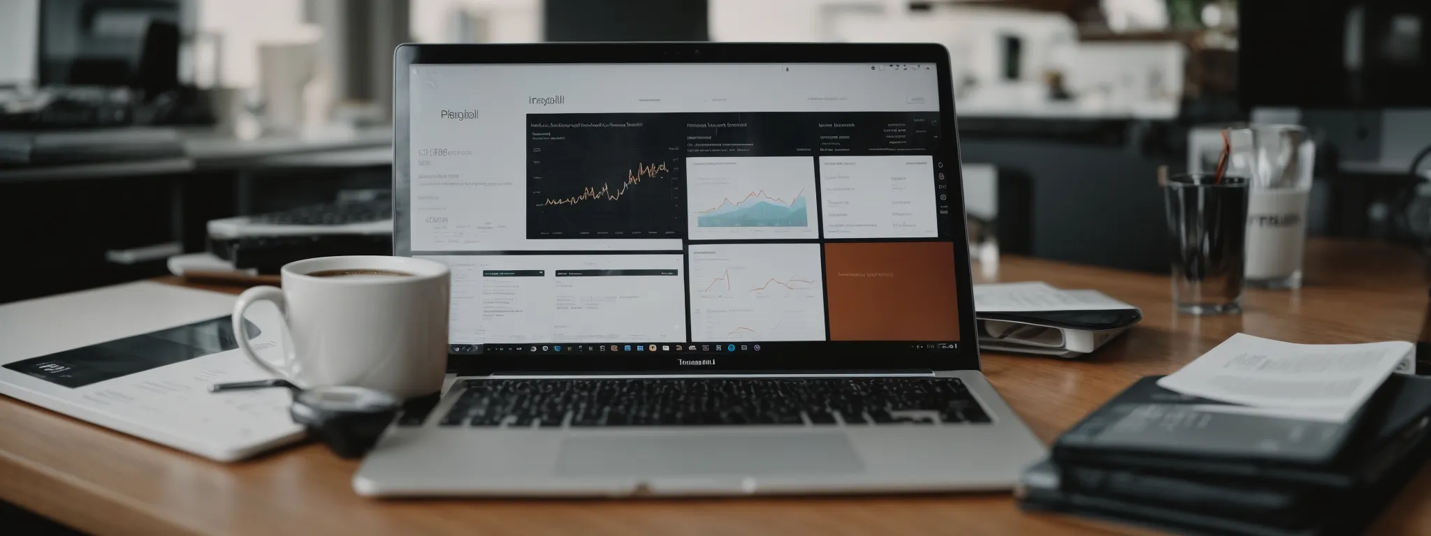 a laptop with an open analytics dashboard set on a desk surrounded by marketing strategy reports and coffee.