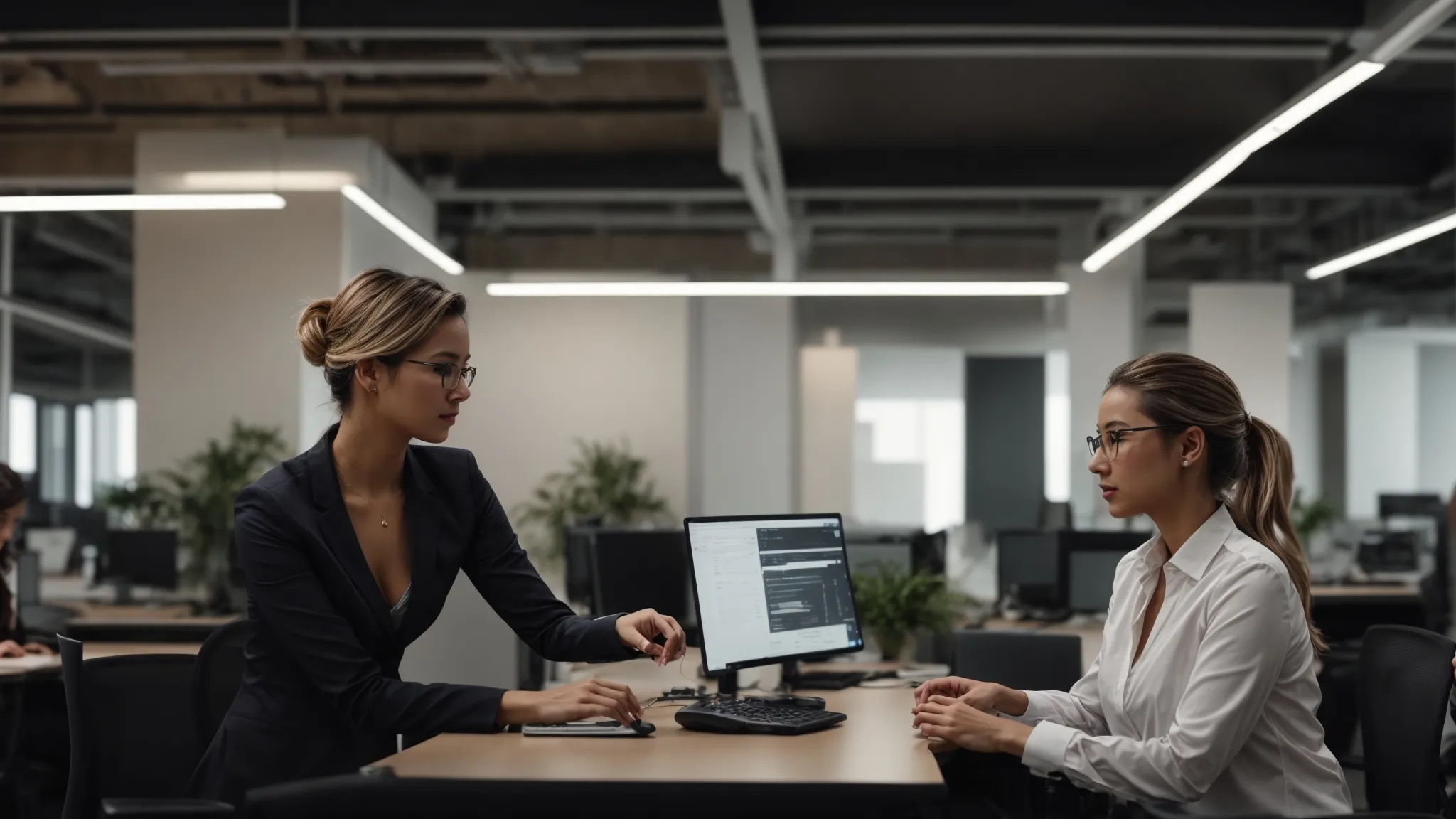 two female seo professionals are working together at a large monitor, discussing strategies in an open-plan office.