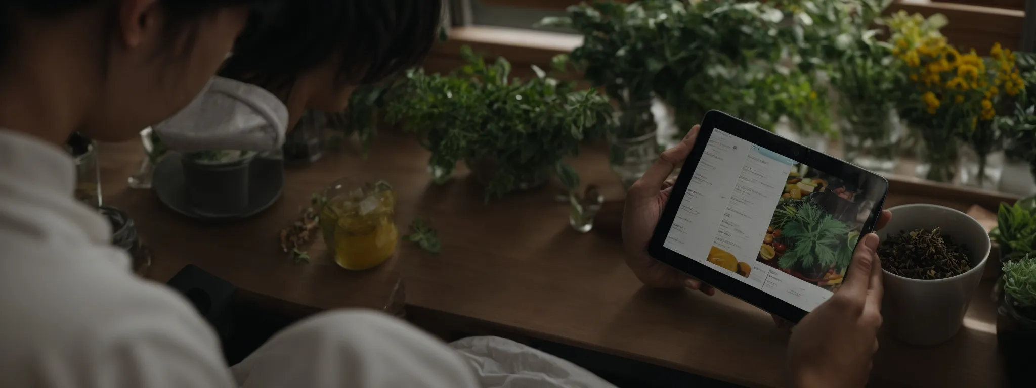 a health-conscious individual browsing through a tablet screen displaying a variety of herbal supplements on an e-commerce platform.