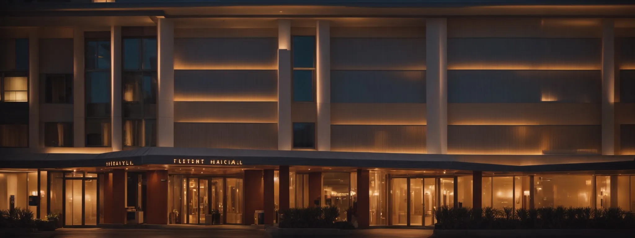a hotel's welcoming façade bathed in warm lights at dusk, signaling prominence and readiness to greet local and traveling guests.