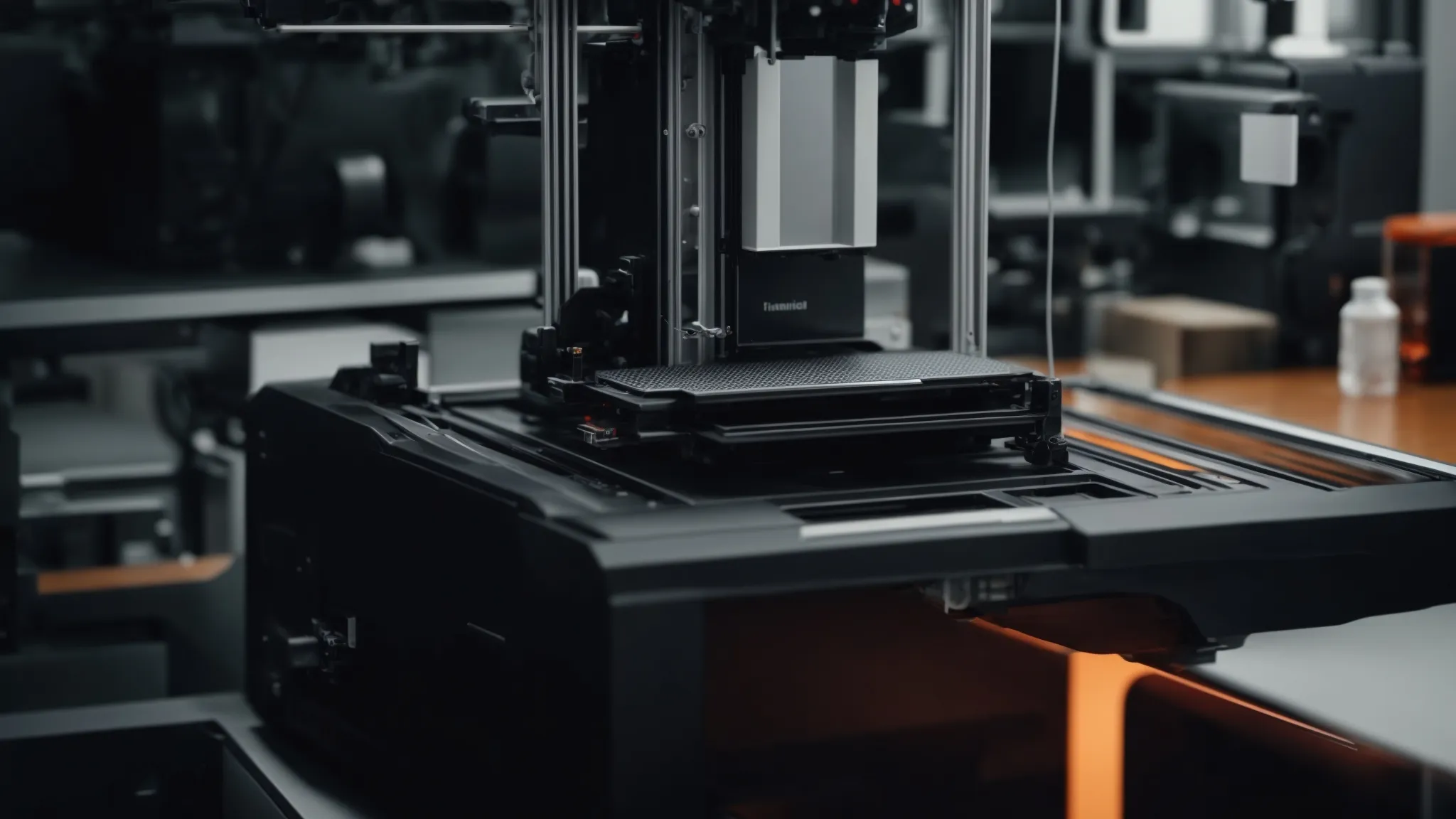 a 3d printer in action, creating a complex object, while a camera records the process for a marketing video.