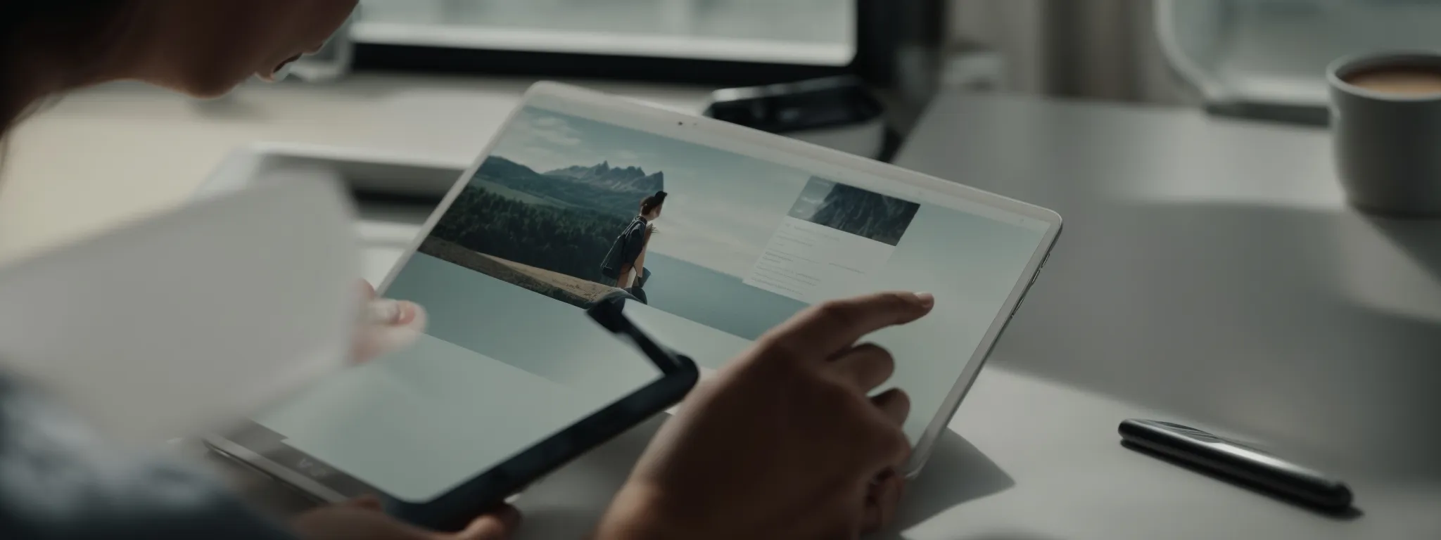 a person scrolling through a sleek website on a tablet that adjusts smoothly as they change from portrait to landscape orientation.