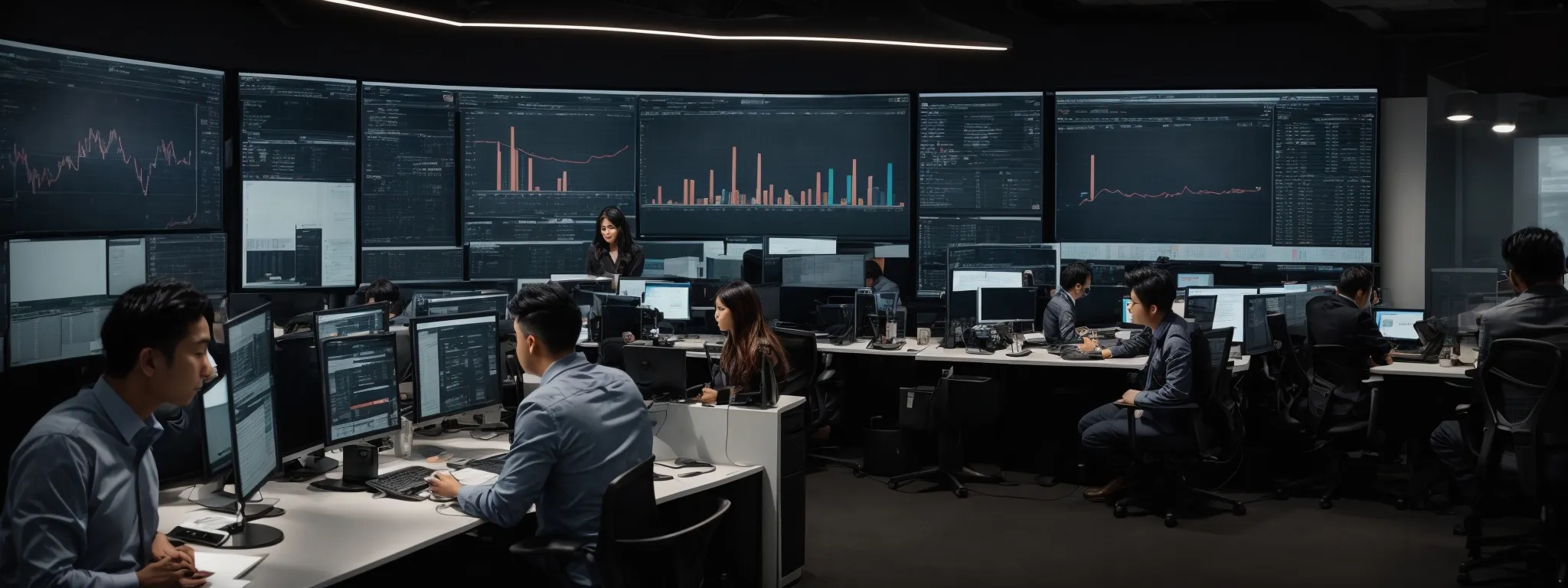 a bustling digital marketing office with professionals discussing strategies around a large computer screen displaying analytics graphs.