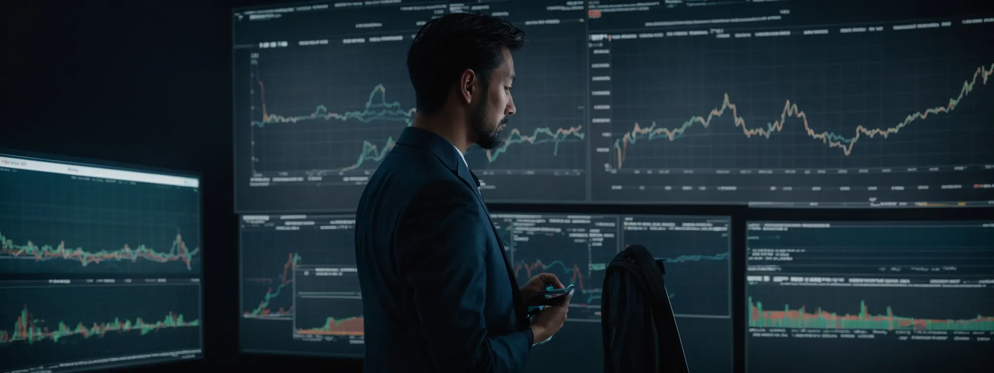a strategist stands before a large interactive screen displaying market trends and analytics charts, deeply analyzing data.