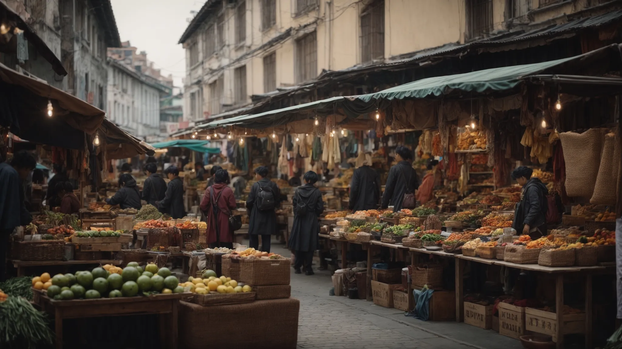 a bustling street market with eclectic stalls offering unique artisanal goods.