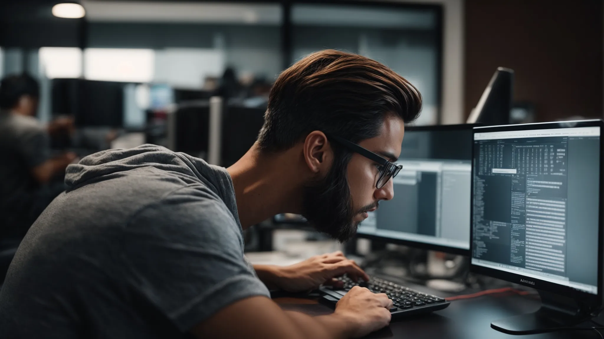 a web designer attentively codes on a computer within a modern office, integrating flash animations into a streamlined html website layout.