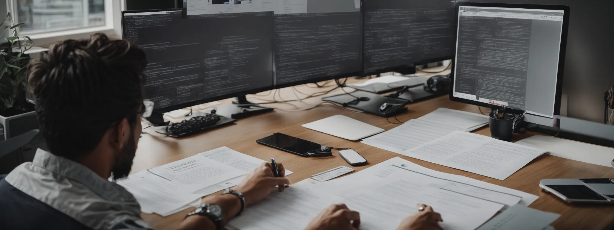 a web designer intently studies a flowchart that outlines a website’s structure while conceptual user profiles lay beside on the desk.