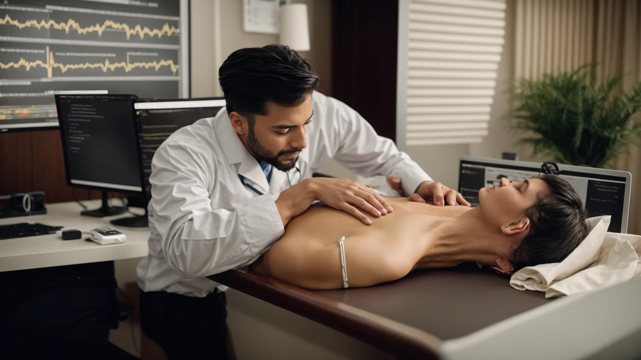 a chiropractor adjusts a patient's spine as a computer screen in the background displays a rising graph indicative of increasing website traffic.