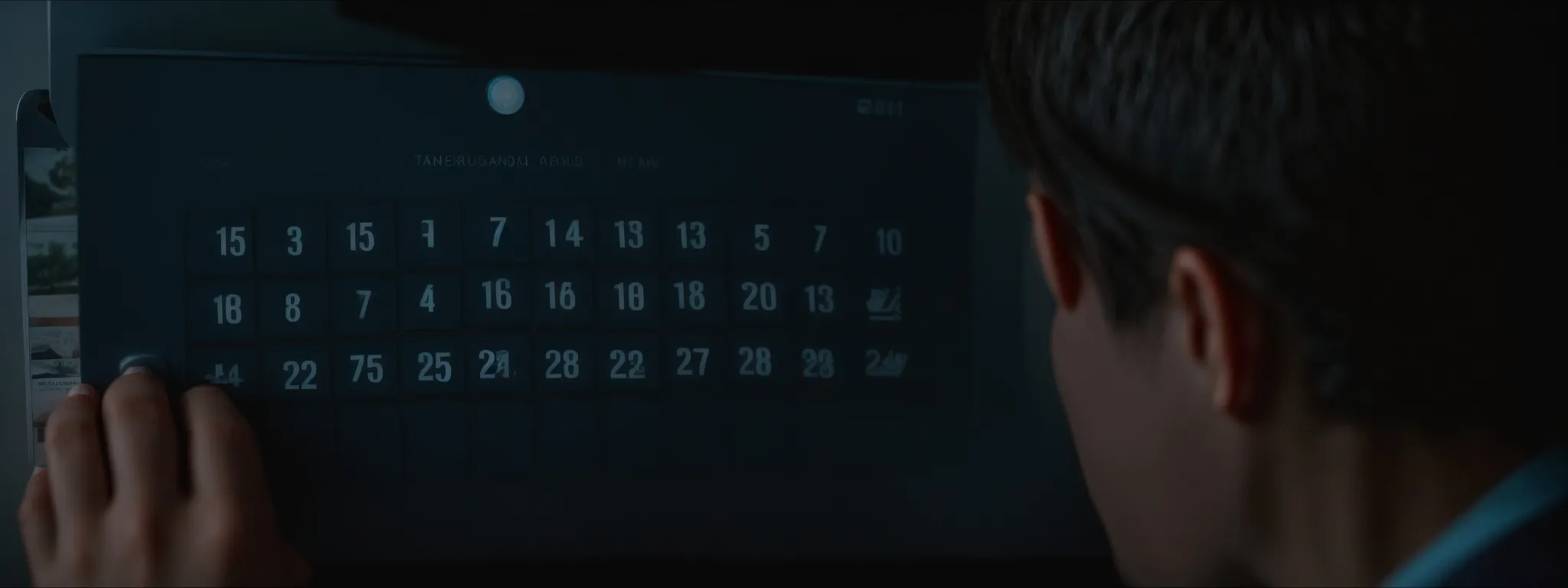 a person typing on a computer with a calendar and clock in the background.