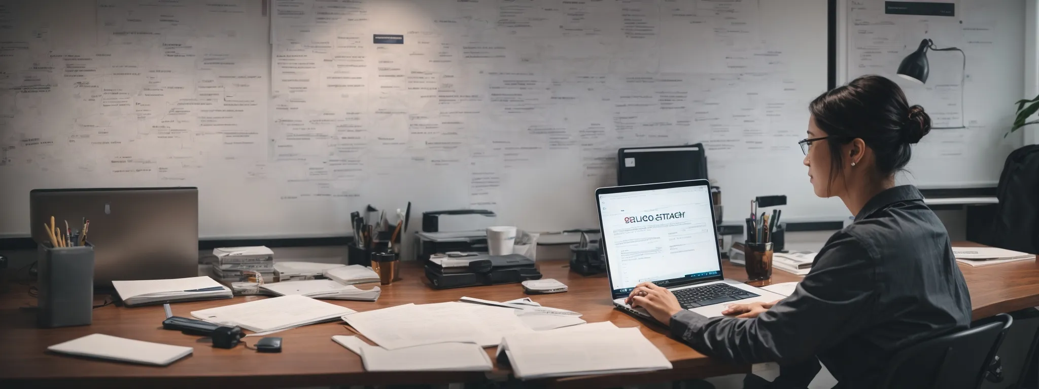 a person sits at a modern desk, typing on a laptop surrounded by marketing strategy documents and a whiteboard with seo-related concept maps.