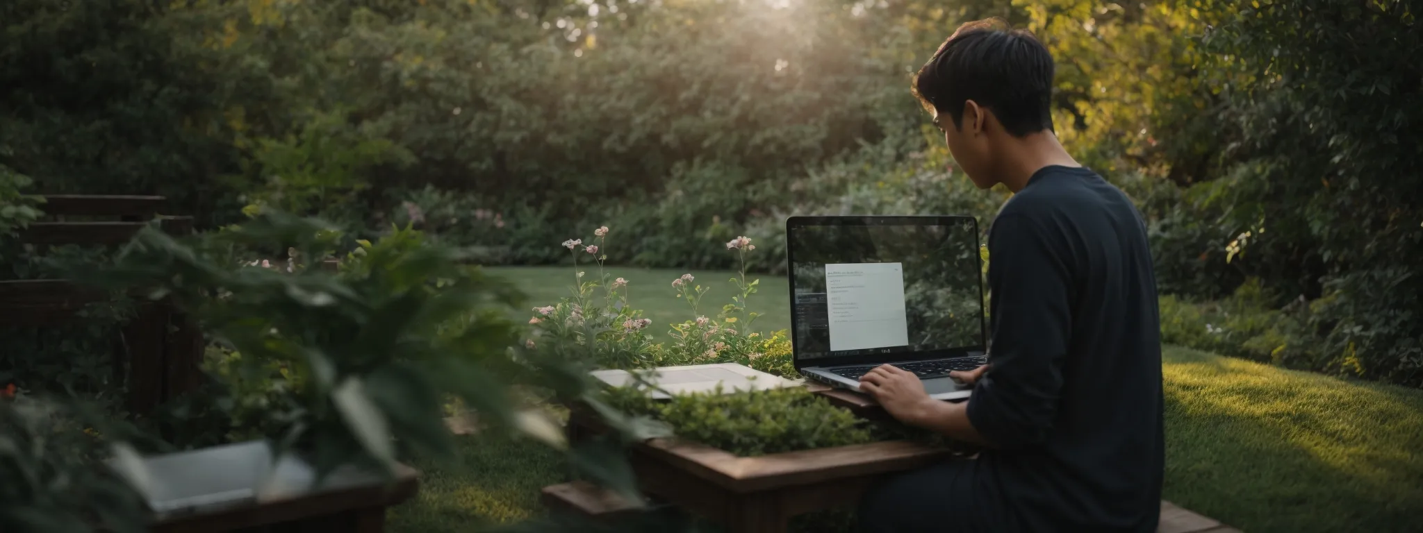 a person thoughtfully typing on a laptop with a serene garden in the background, symbolizing focused content creation.