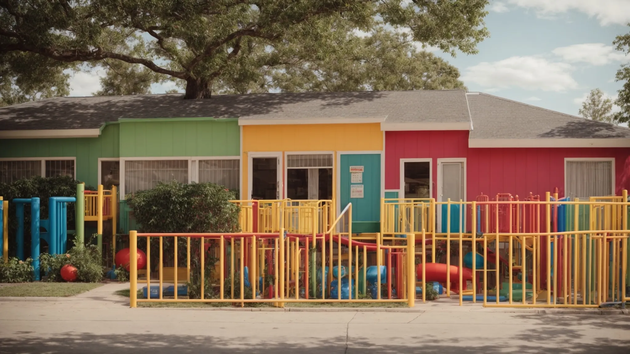 a daycare center facade with a colorful playground visible from the street, inviting local families to visit.