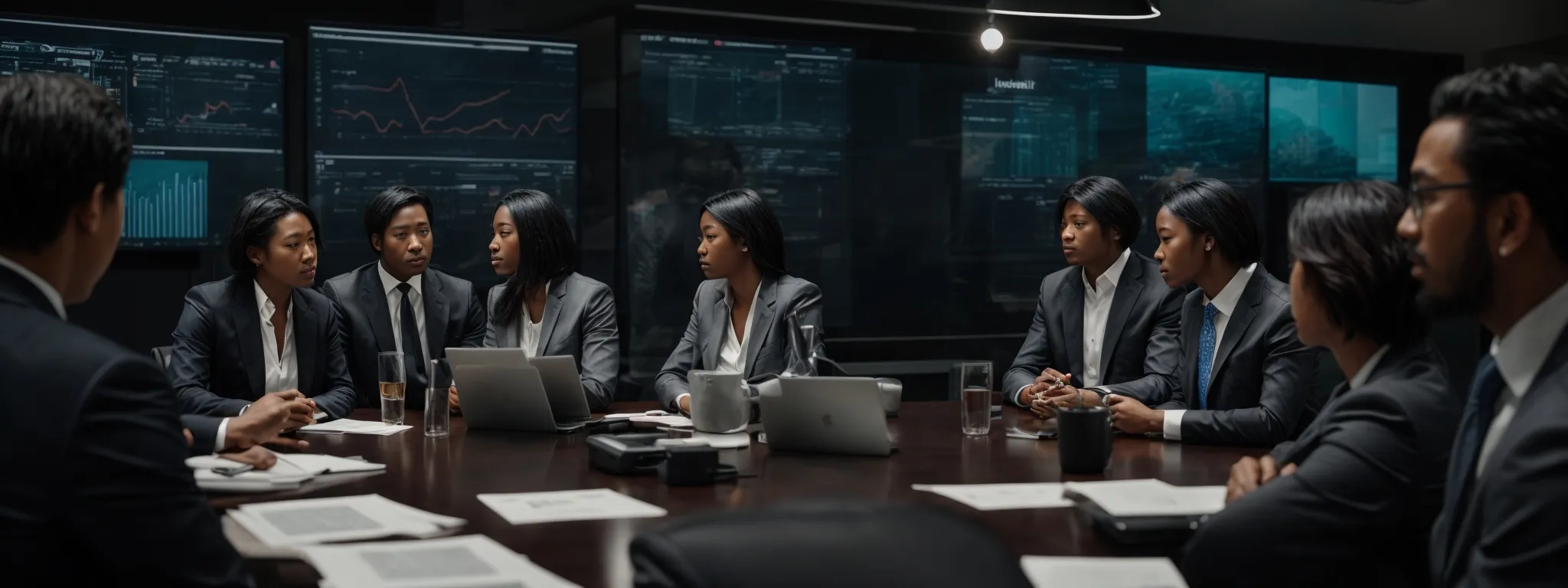 a diverse group of professionals around a conference table, intently discussing and comparing graphs on large screens.