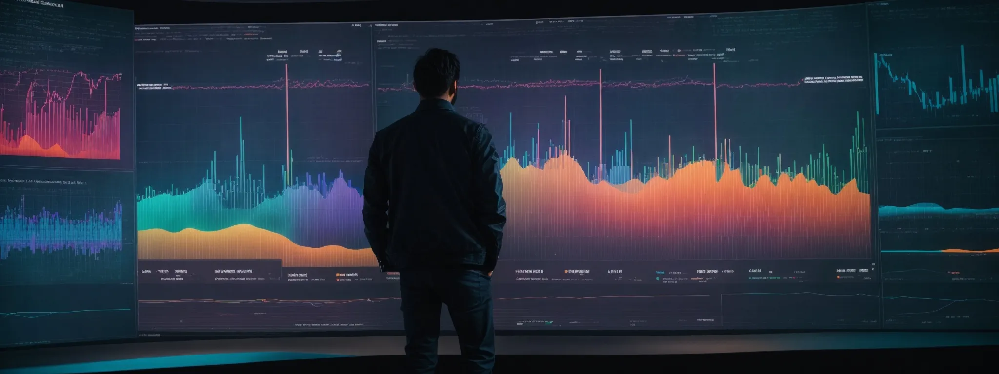 a person stands in front of a large screen displaying colorful graphs and analytics data, symbolizing the evaluation of advanced seo tools.