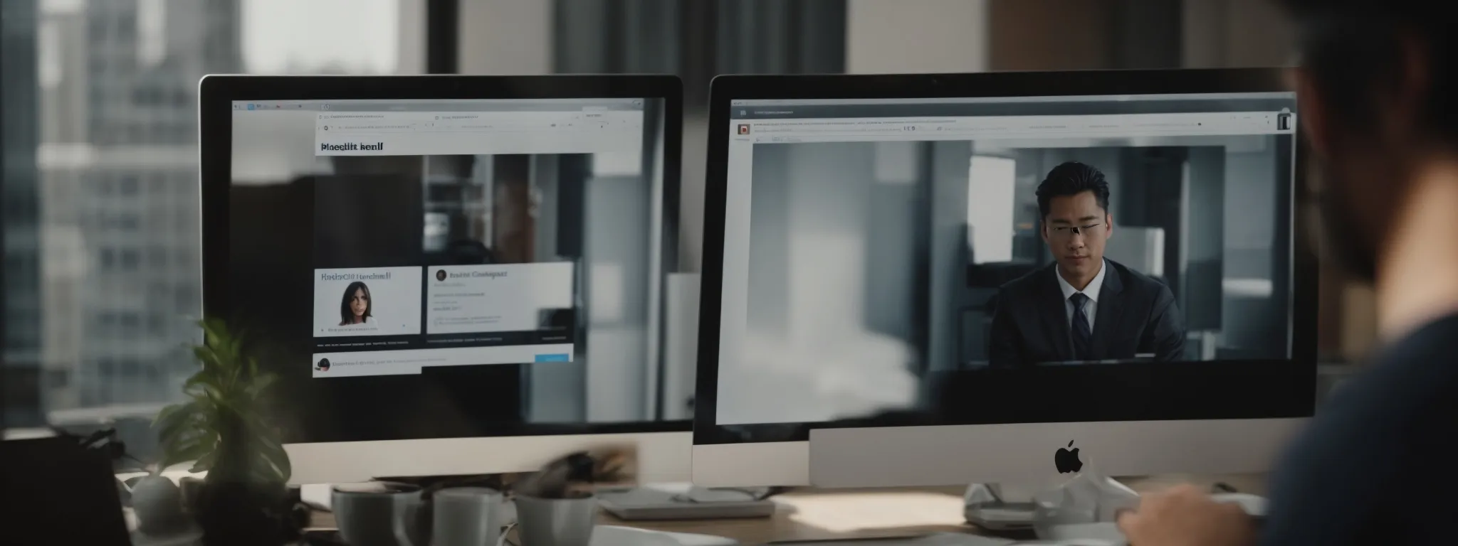 a business professional clicks on a linkedin profile page on a desktop computer screen, reflecting the strategic optimization of company details for better online visibility.