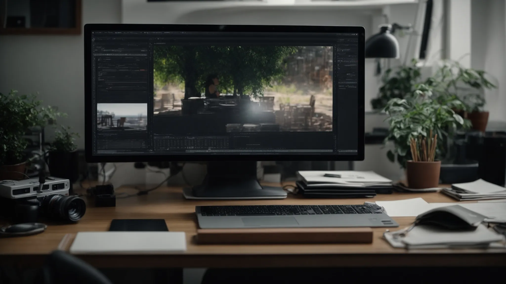 a person at a desk, editing a video on a computer screen with creative software interface visible.