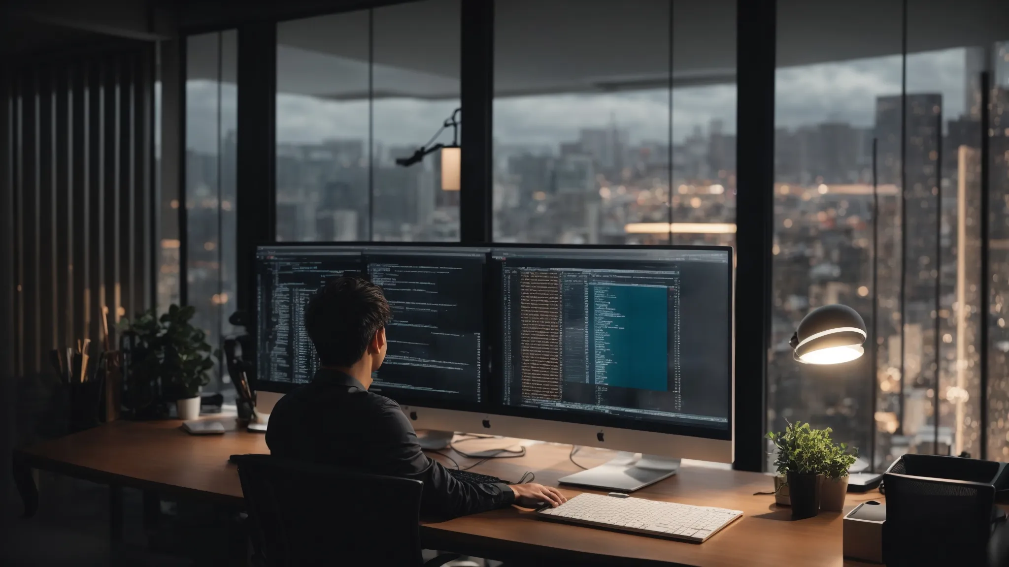 a web developer gazes at a large, tidy desk featuring dual monitors displaying code and design previews, surrounded by a peaceful, minimalistic office space.