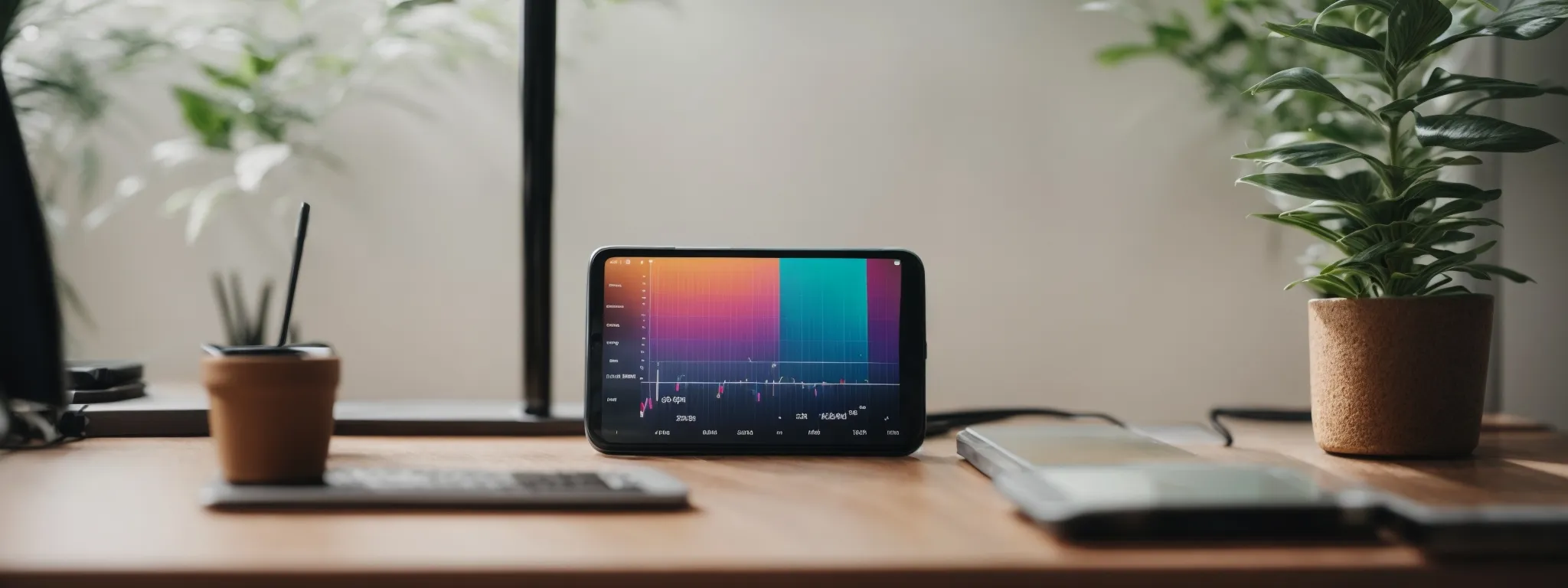 a smartphone displaying a colorful graph on its screen, resting on a minimalist desk next to a potted plant.