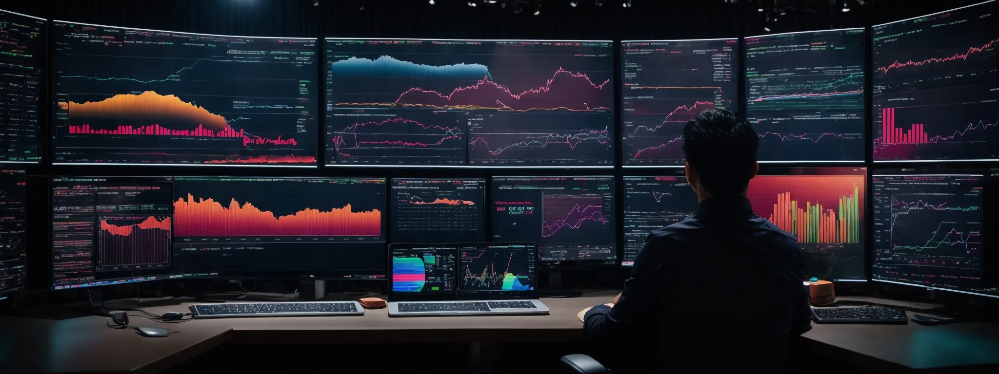 a person sits in front of multiple computer screens displaying colorful graphs and analytics dashboards, signifying precise monitoring and goal setting in seo.