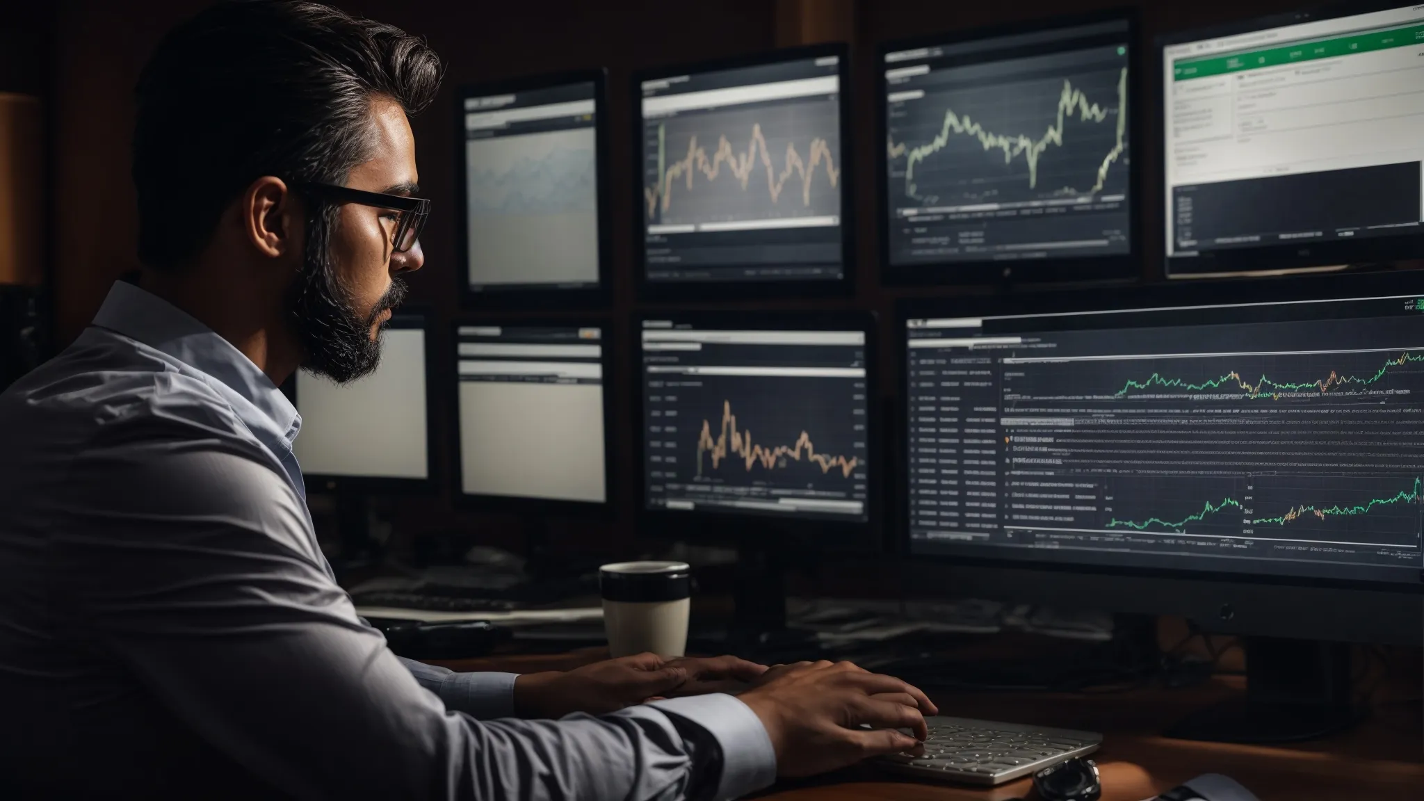 a business professional analyzes website traffic reports on a computer screen, with graphs indicating keyword rankings and organic search volume.