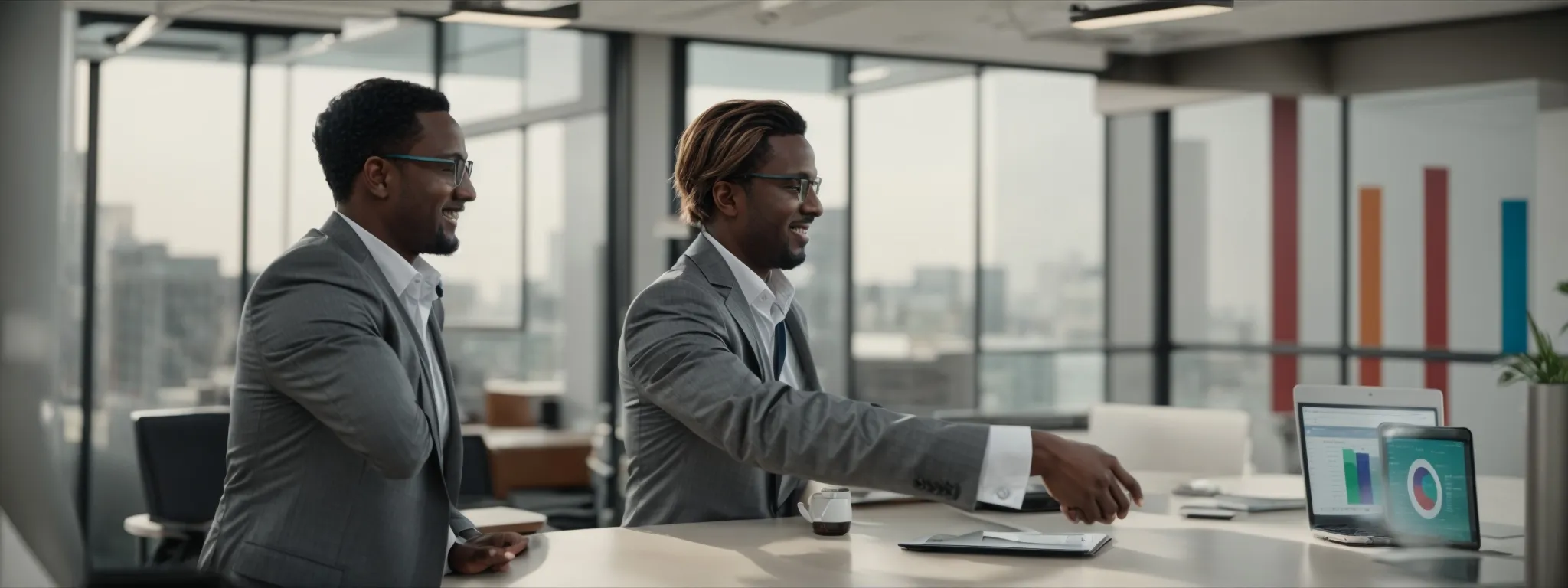 two business professionals shaking hands across a table with a computer displaying graph analytics in a bright, modern office environment.