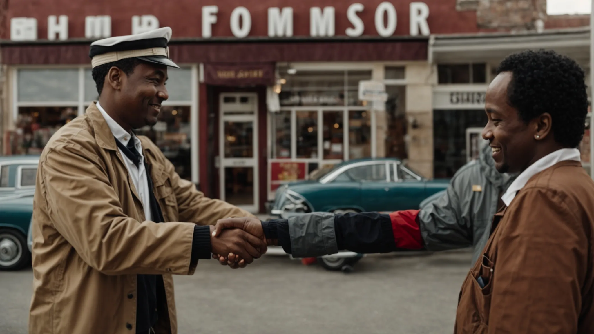 a store owner shaking hands with a local community leader in front of a brick-and-mortar shop.