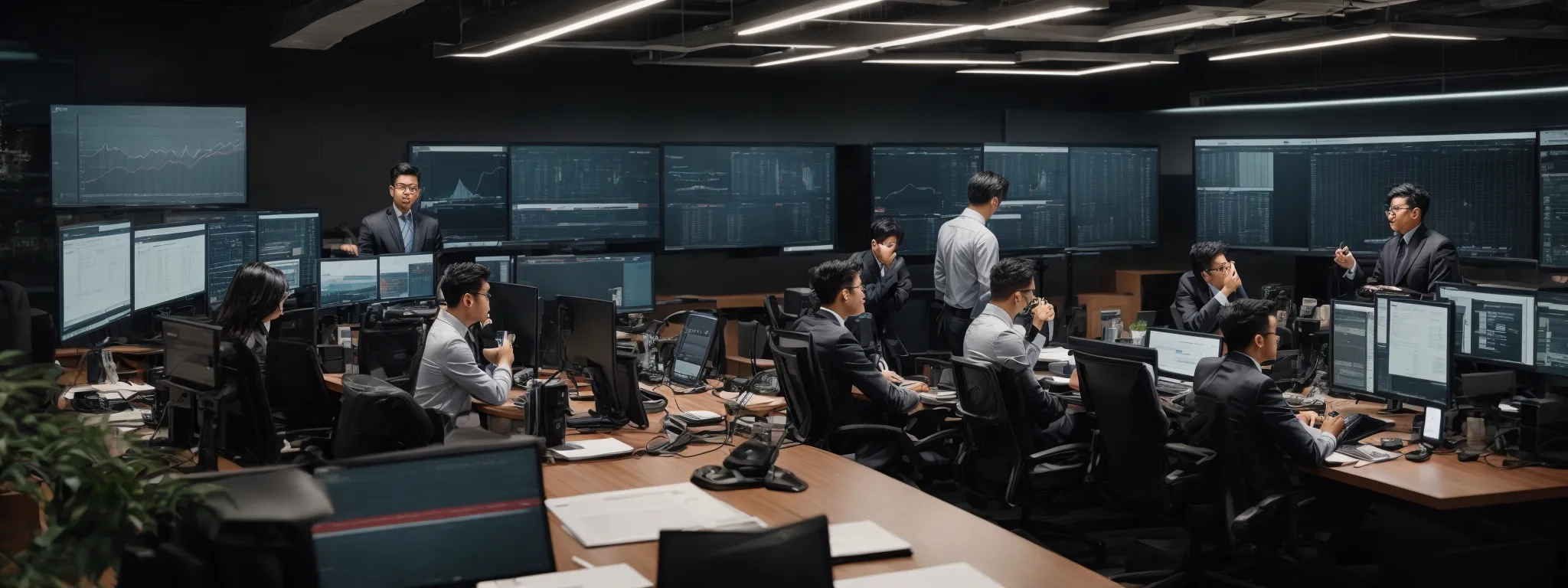 a digital marketing team strategizes around a conference table filled with computers and analytics charts.