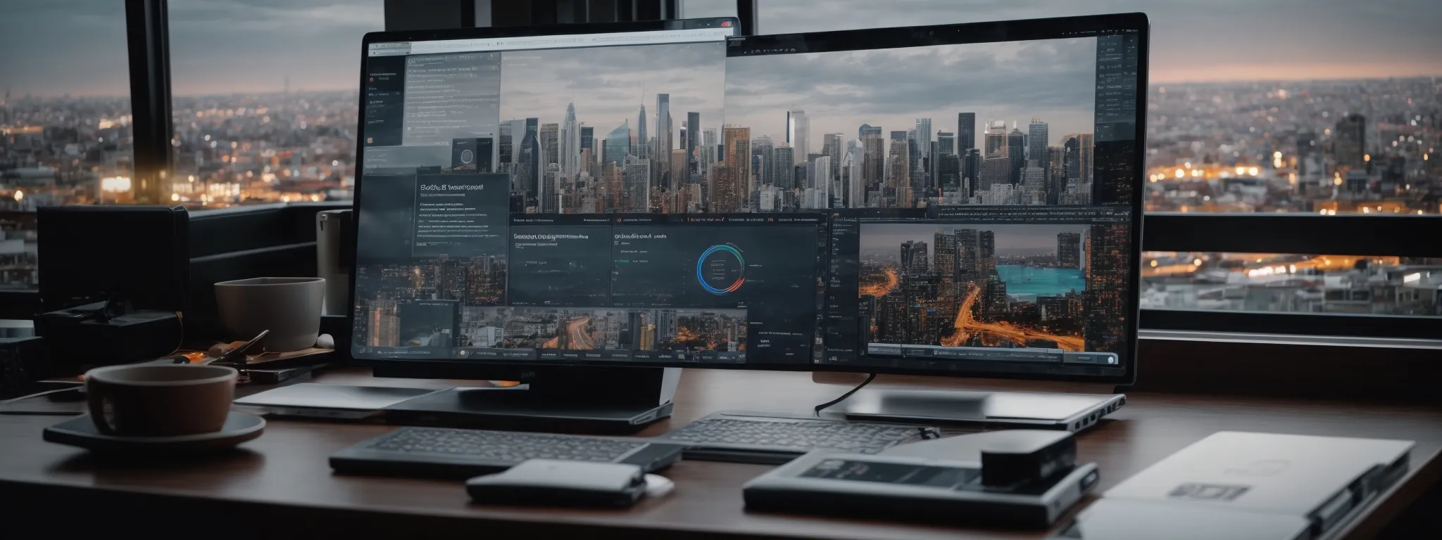 a laptop with infographics on the screen placed on an office desk with a city skyline view.