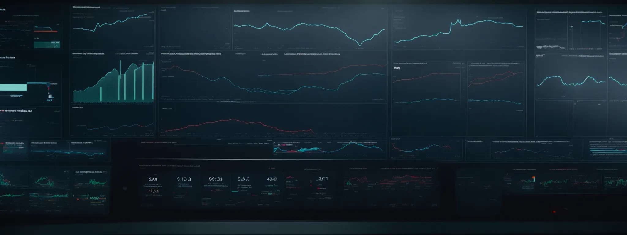 a panoramic view of an illuminated dashboard showcasing various graphs and data analysis visualizations.