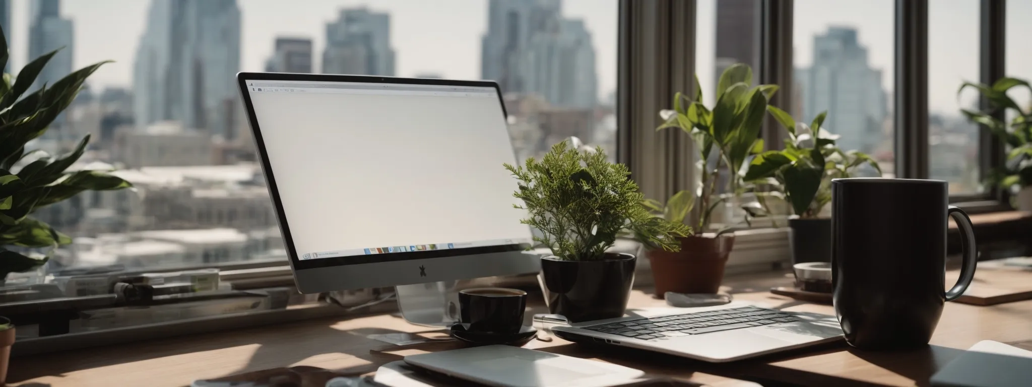 a laptop open on a desk surrounded by a notepad, a cup of coffee, and a plant, against a backdrop of a sunny window with city views.