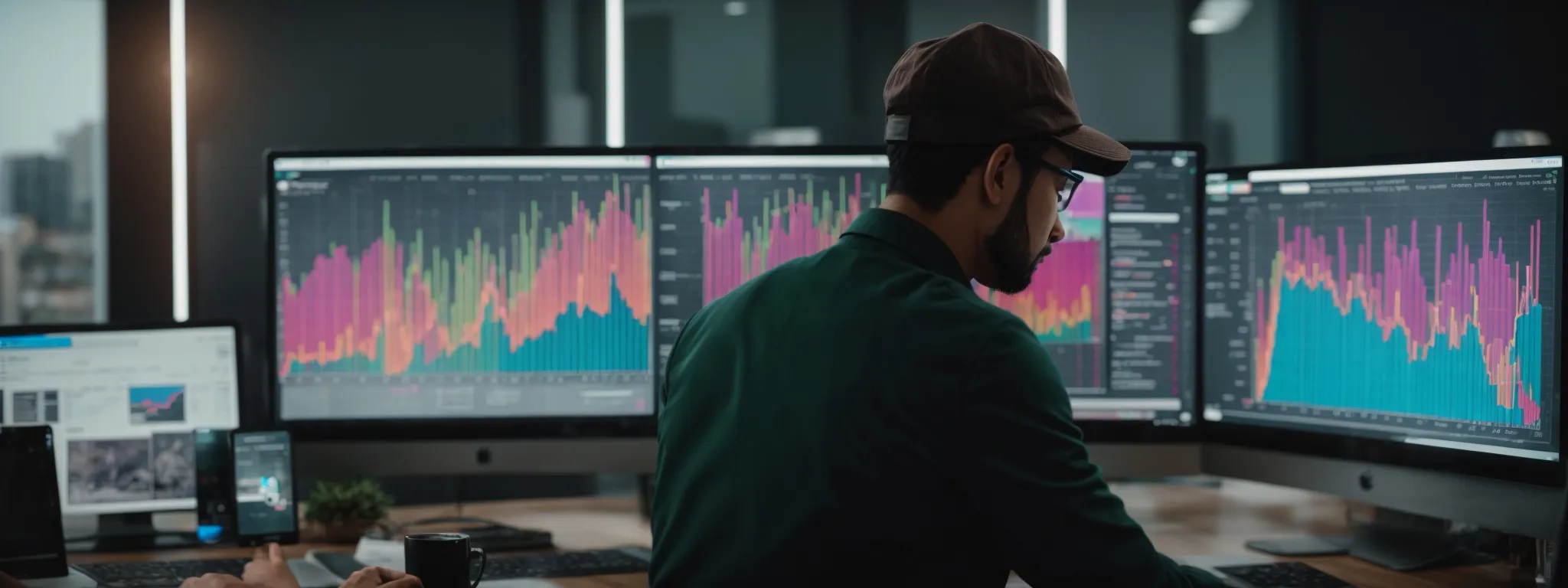 a marketer reviews colorful graphical analytics on a computer screen, strategizing content in a bright, modern office.