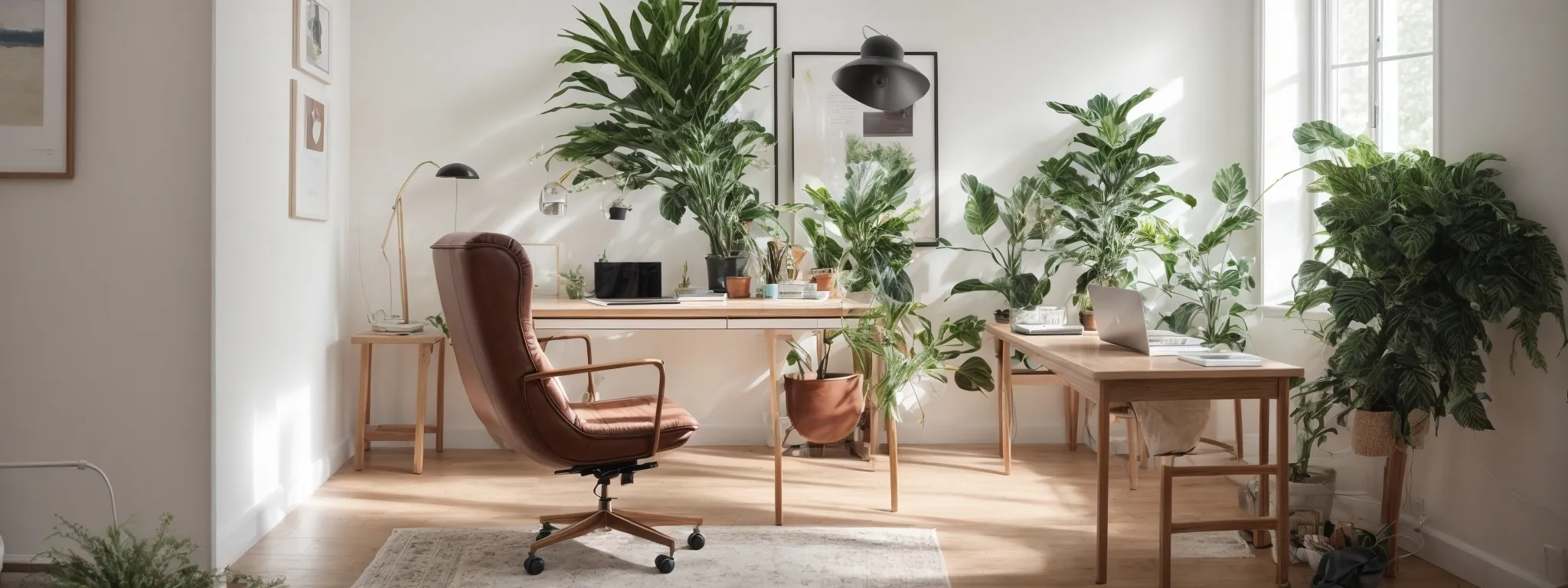 a serene home office with a minimalist desk, a comfortable chair, and a vibrant plant, bathed in natural light.