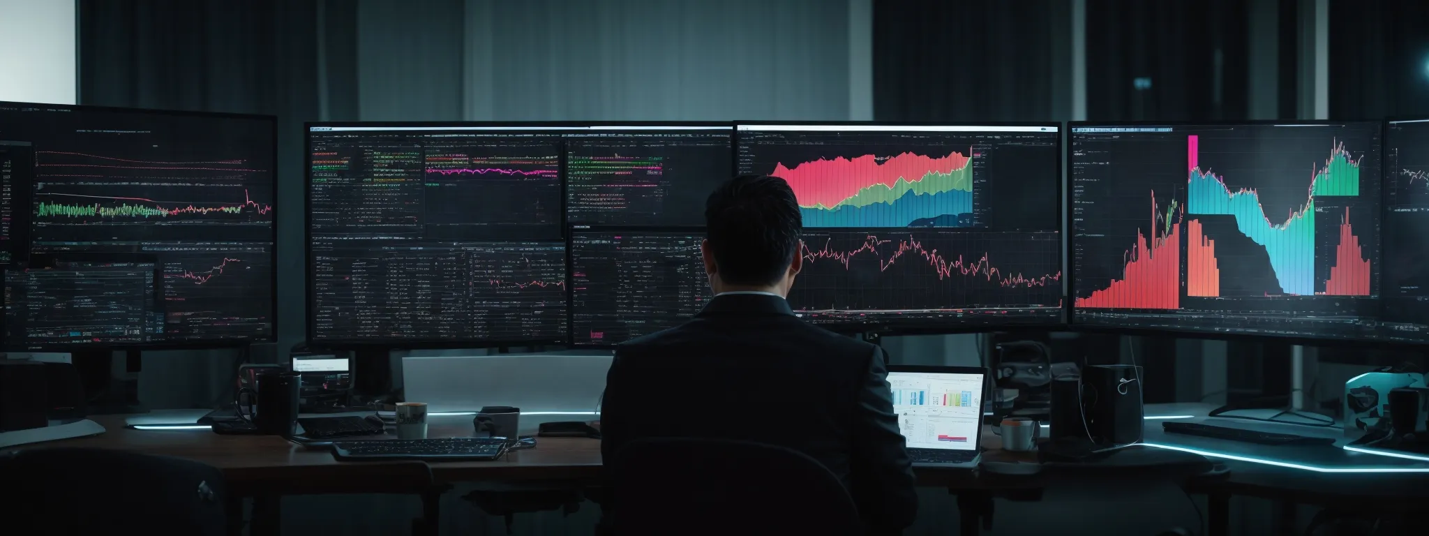 a focused individual sitting at a desk with two monitors displaying colorful analytics and seo graphs, engaged in optimizing a website.