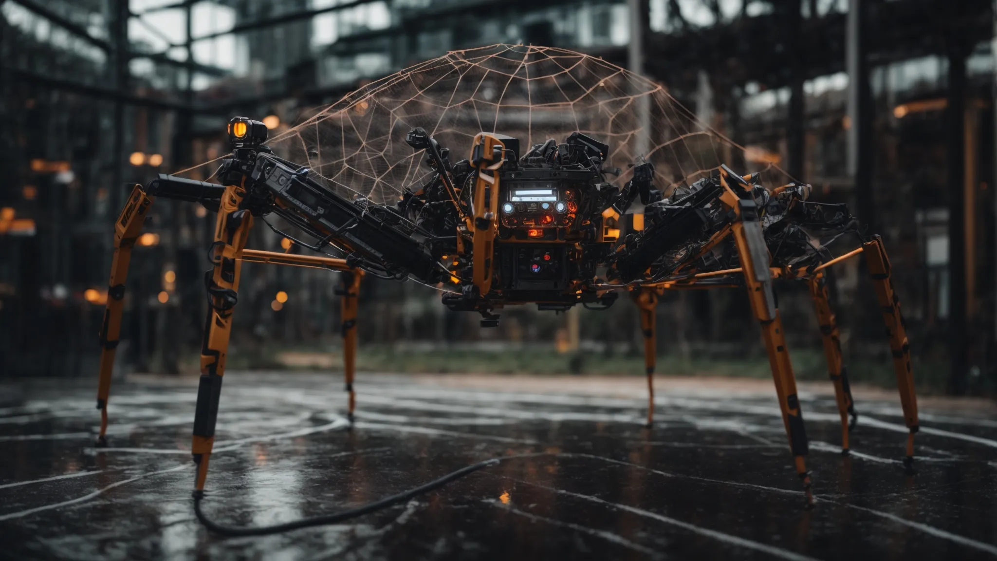 a spider robot navigating a complex web of interconnected nodes and pathways.