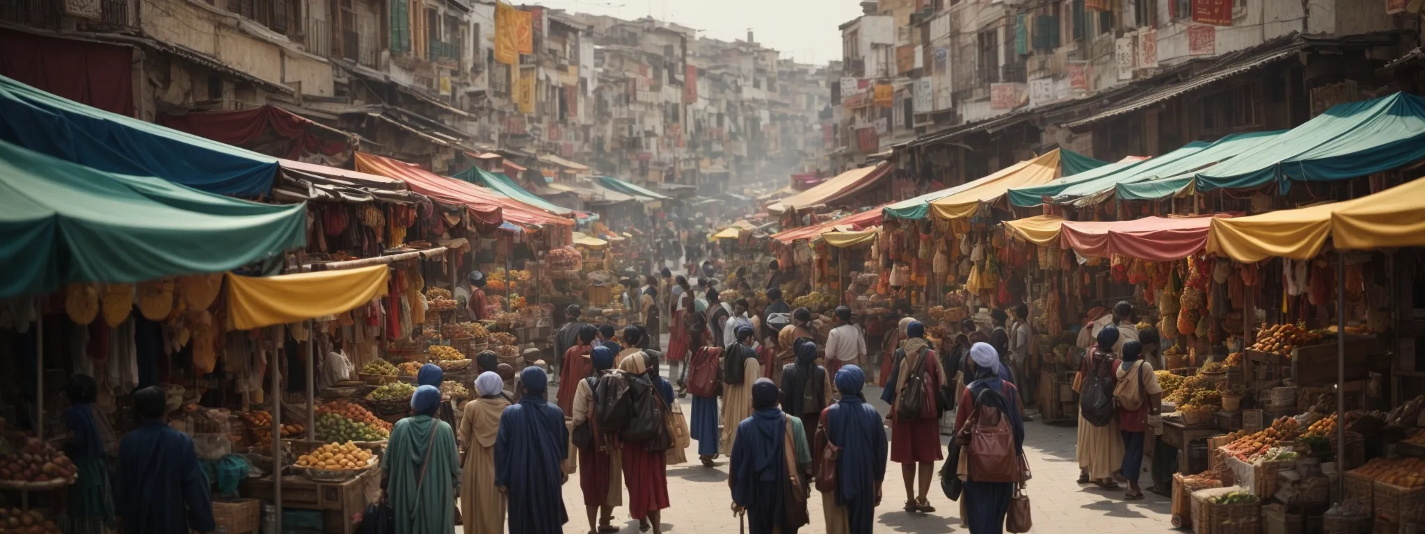 a bustling outdoor market with diverse shoppers browsing through various international goods under colorful canopies.