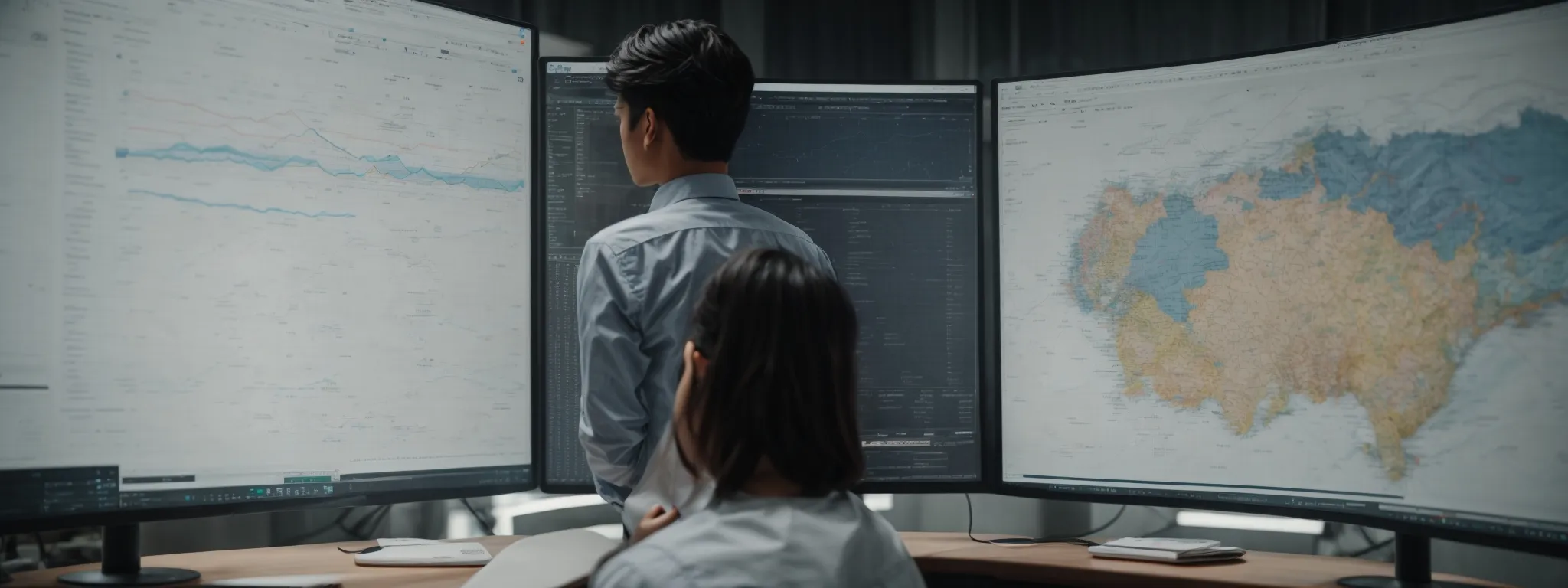 a person intently studying intricate graphs and charts on a large monitor that reflect website traffic and search engine rankings.