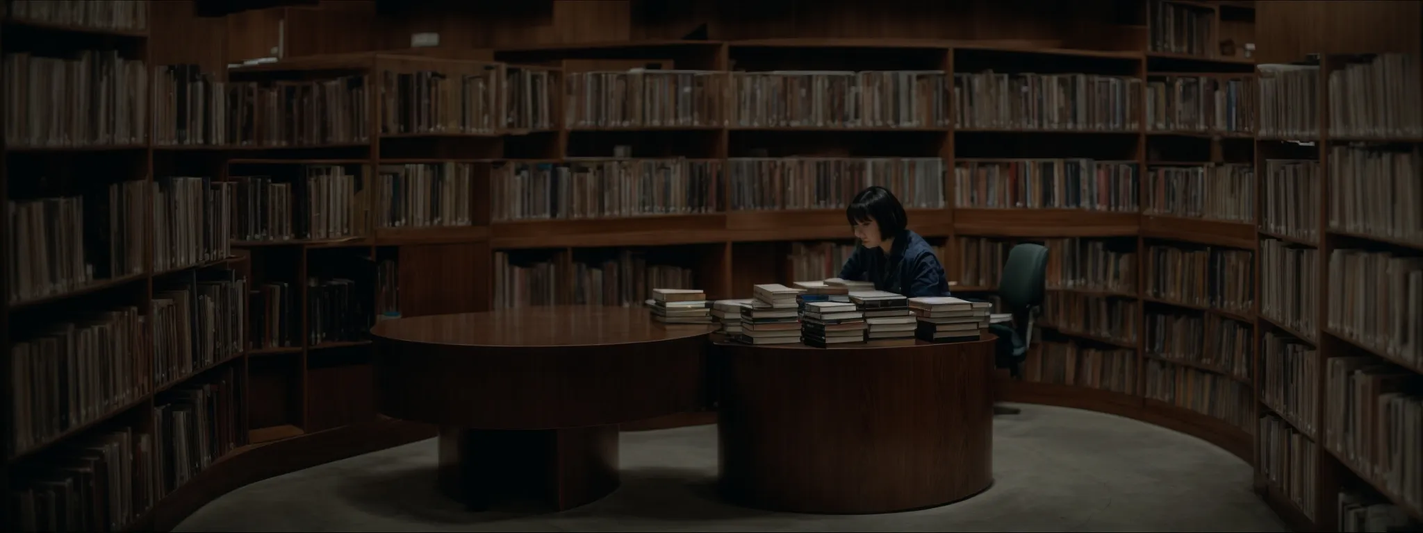 a librarian organizing books around a central subject on a circular bookshelf.