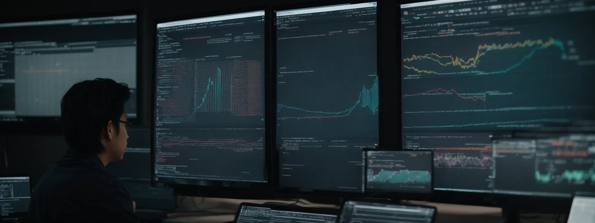 a web developer scrutinizes analytical graphs on a computer screen, optimizing javascript redirects for improved seo outcomes.