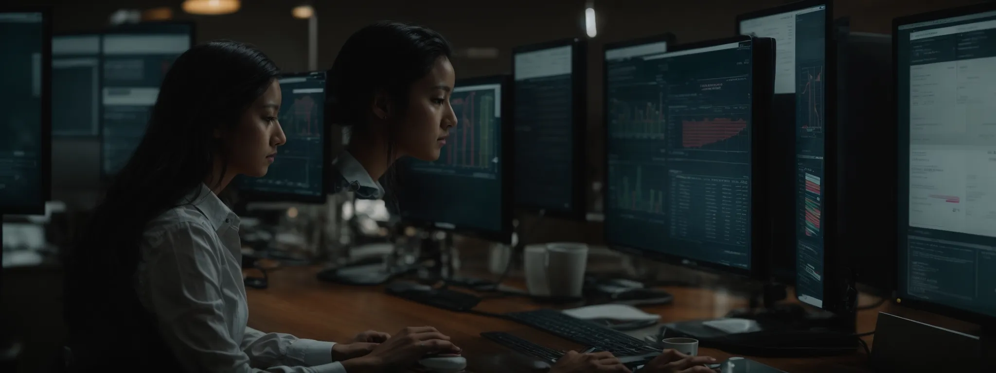 a digital marketer scrutinizes a computer screen displaying a website analytics dashboard, amidst an office environment.